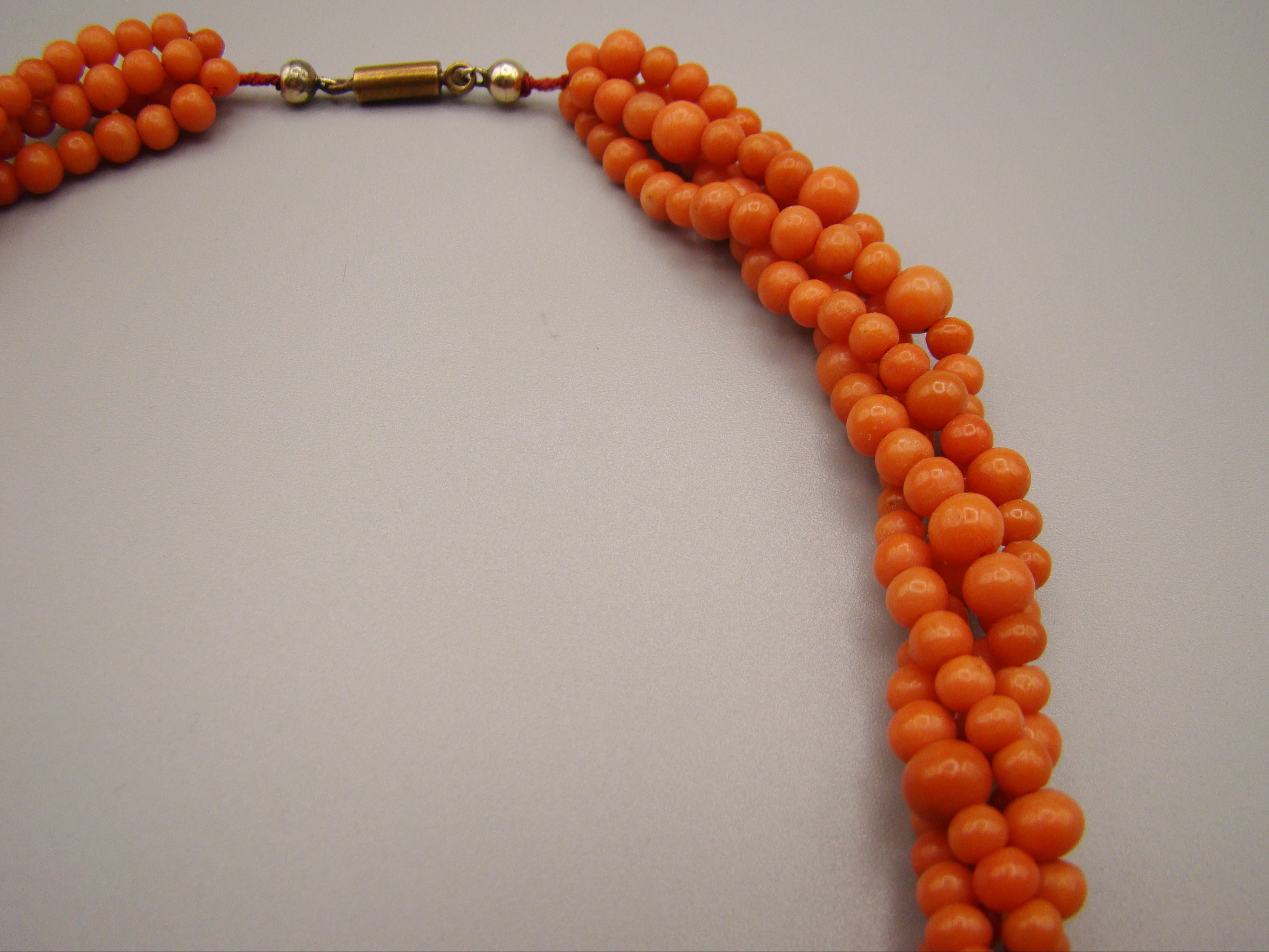 antique coral, natural coral, undyed coral, dark orange coral, Italian coral, pacific coral, Sardinian Coral, sea coral, Mediterranean coral, Mediterranean orange, handcarved coral, orange coral, 14 karat gold clasp, coral necklace, coral chain