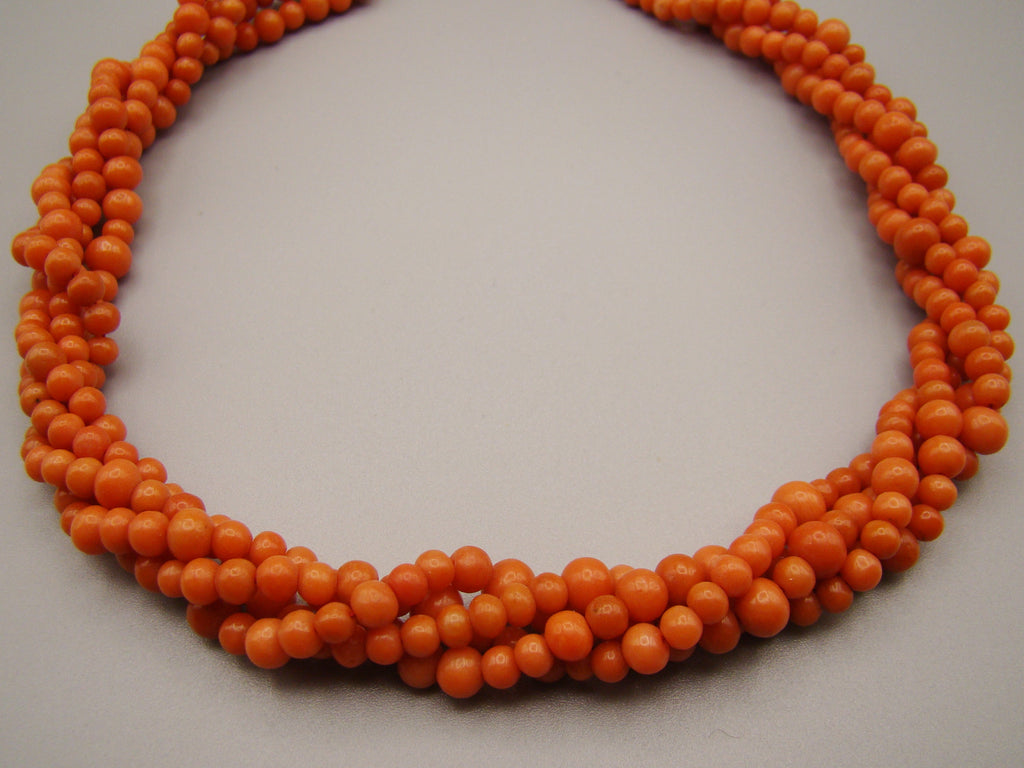 antique coral, natural coral, undyed coral, dark orange coral, Italian coral, pacific coral, Sardinian Coral, sea coral, Mediterranean coral, Mediterranean orange, handcarved coral, orange coral, 14 karat gold clasp, coral necklace, coral chain