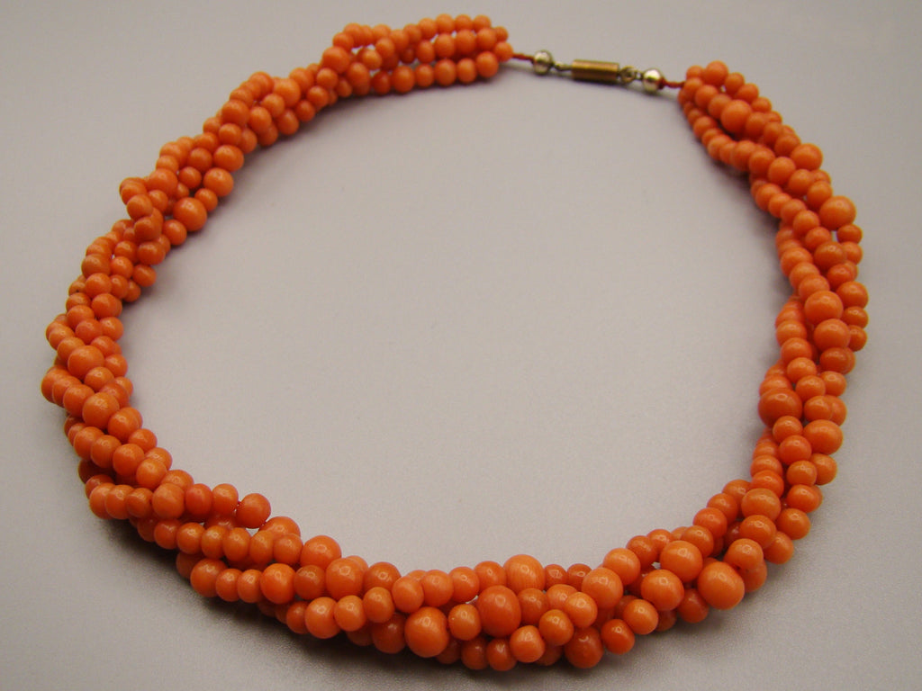 antique coral, natural coral, undyed coral, dark orange coral, Italian coral, pacific coral, Sardinian Coral, sea coral, Mediterranean coral, Mediterranean orange, handcarved coral, orange coral, 14 karat gold clasp, coral necklace, coral chain