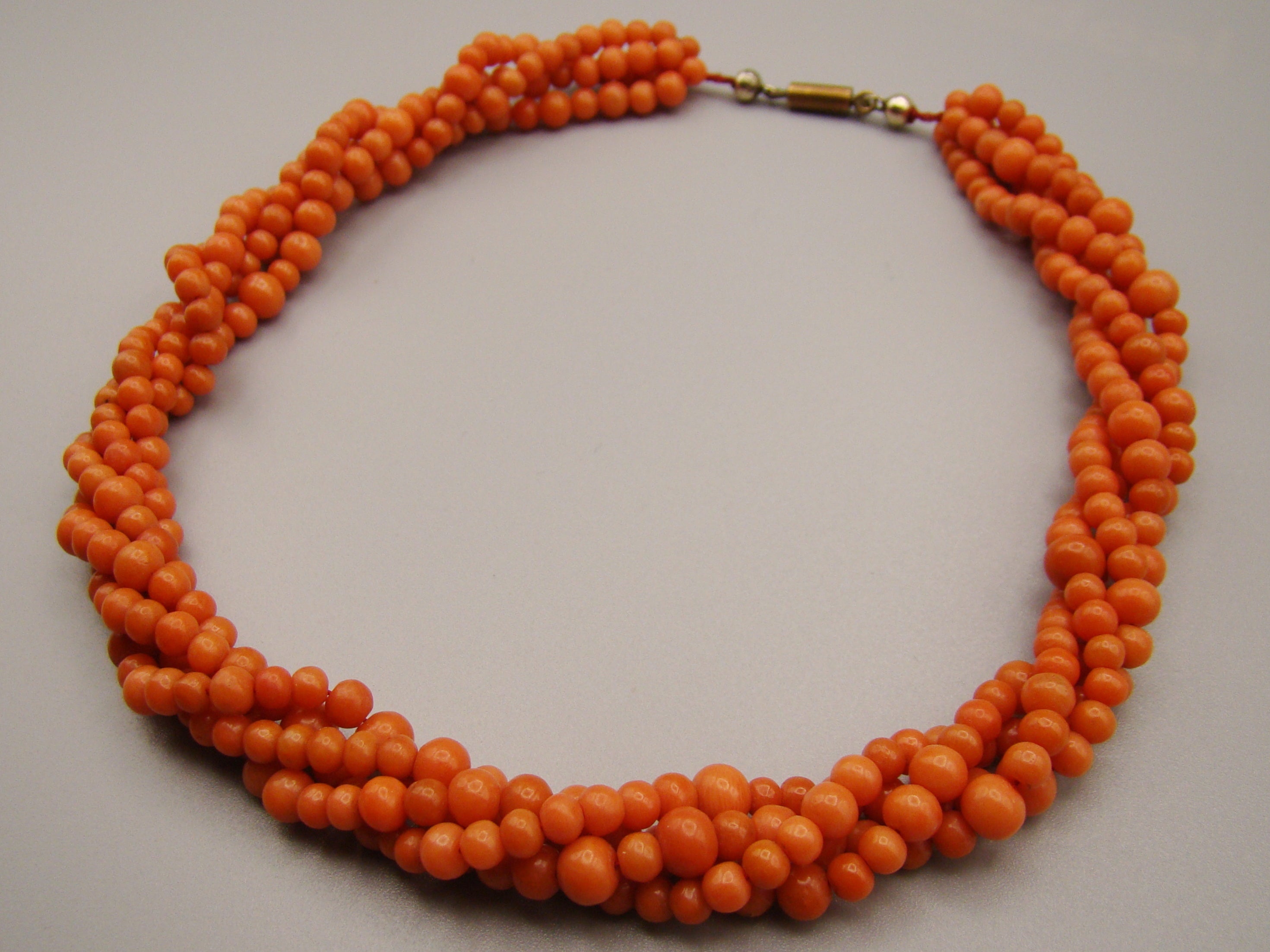 antique coral, natural coral, undyed coral, dark orange coral, Italian coral, pacific coral, Sardinian Coral, sea coral, Mediterranean coral, Mediterranean orange, handcarved coral, orange coral, 14 karat gold clasp, coral necklace, coral chain
