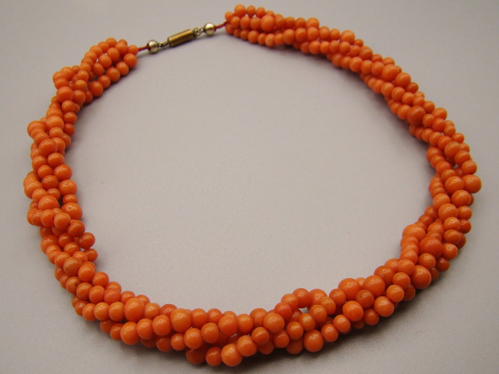 antique coral, natural coral, undyed coral, dark orange coral, Italian coral, pacific coral, Sardinian Coral, sea coral, Mediterranean coral, Mediterranean orange, handcarved coral, orange coral, 14 karat gold clasp, coral necklace, coral chain