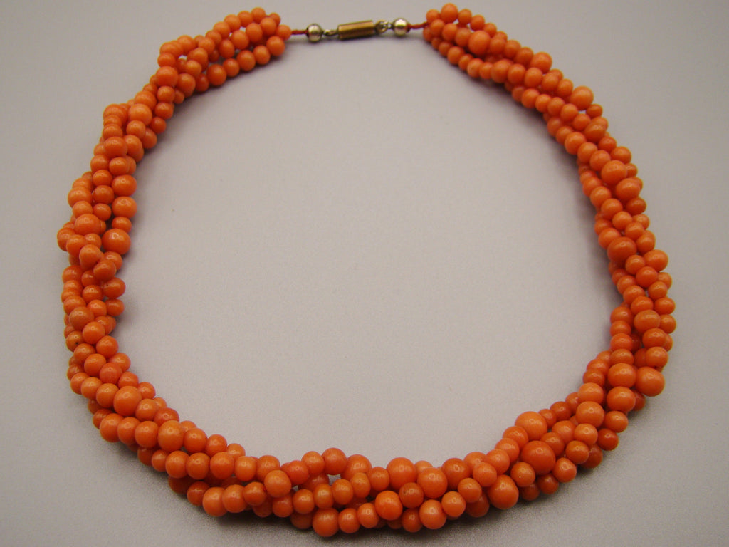 antique coral, natural coral, undyed coral, dark orange coral, Italian coral, pacific coral, Sardinian Coral, sea coral, Mediterranean coral, Mediterranean orange, handcarved coral, orange coral, 14 karat gold clasp, coral necklace, coral chain
