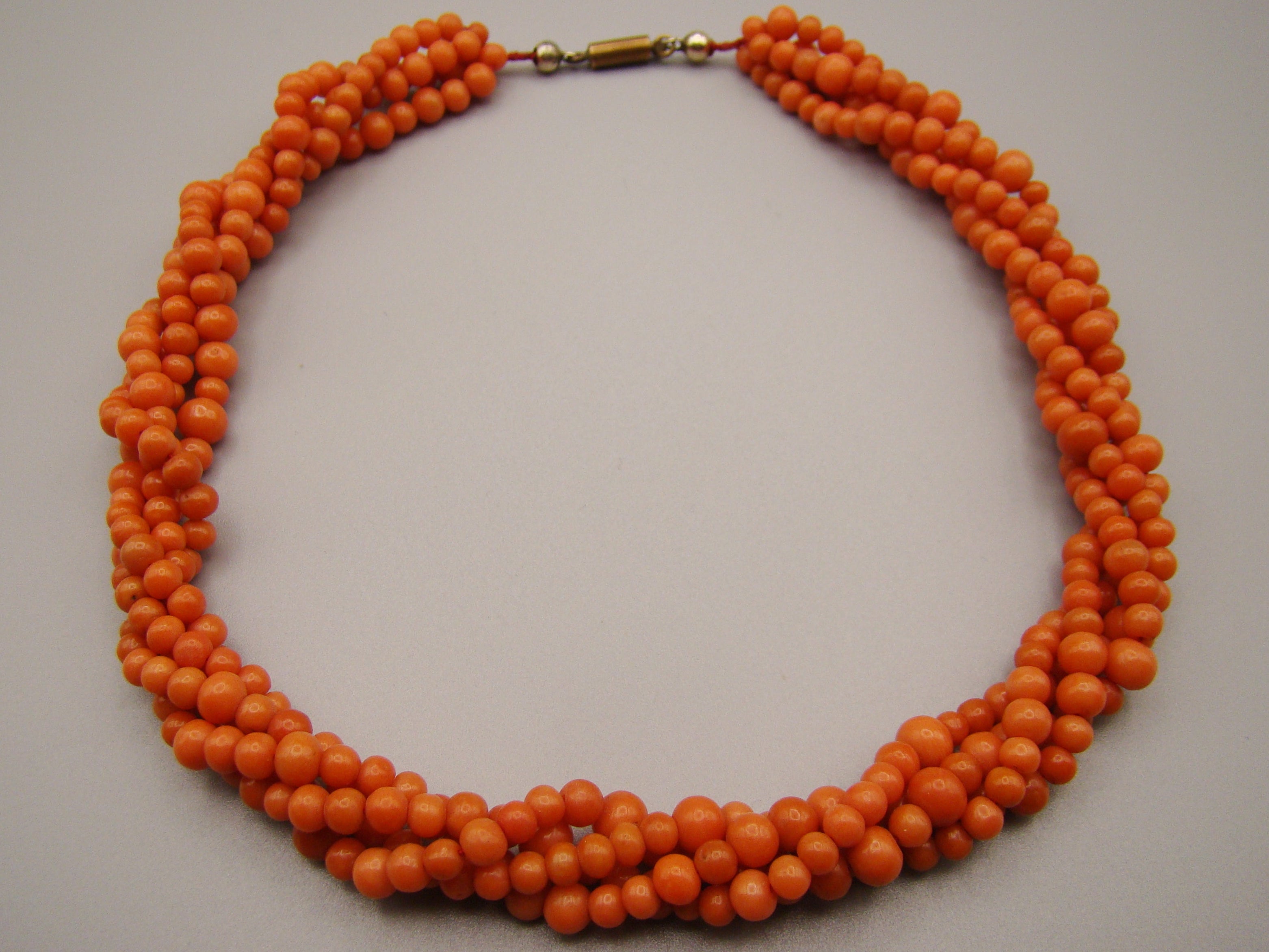 antique coral, natural coral, undyed coral, dark orange coral, Italian coral, pacific coral, Sardinian Coral, sea coral, Mediterranean coral, Mediterranean orange, handcarved coral, orange coral, 14 karat gold clasp, coral necklace, coral chain