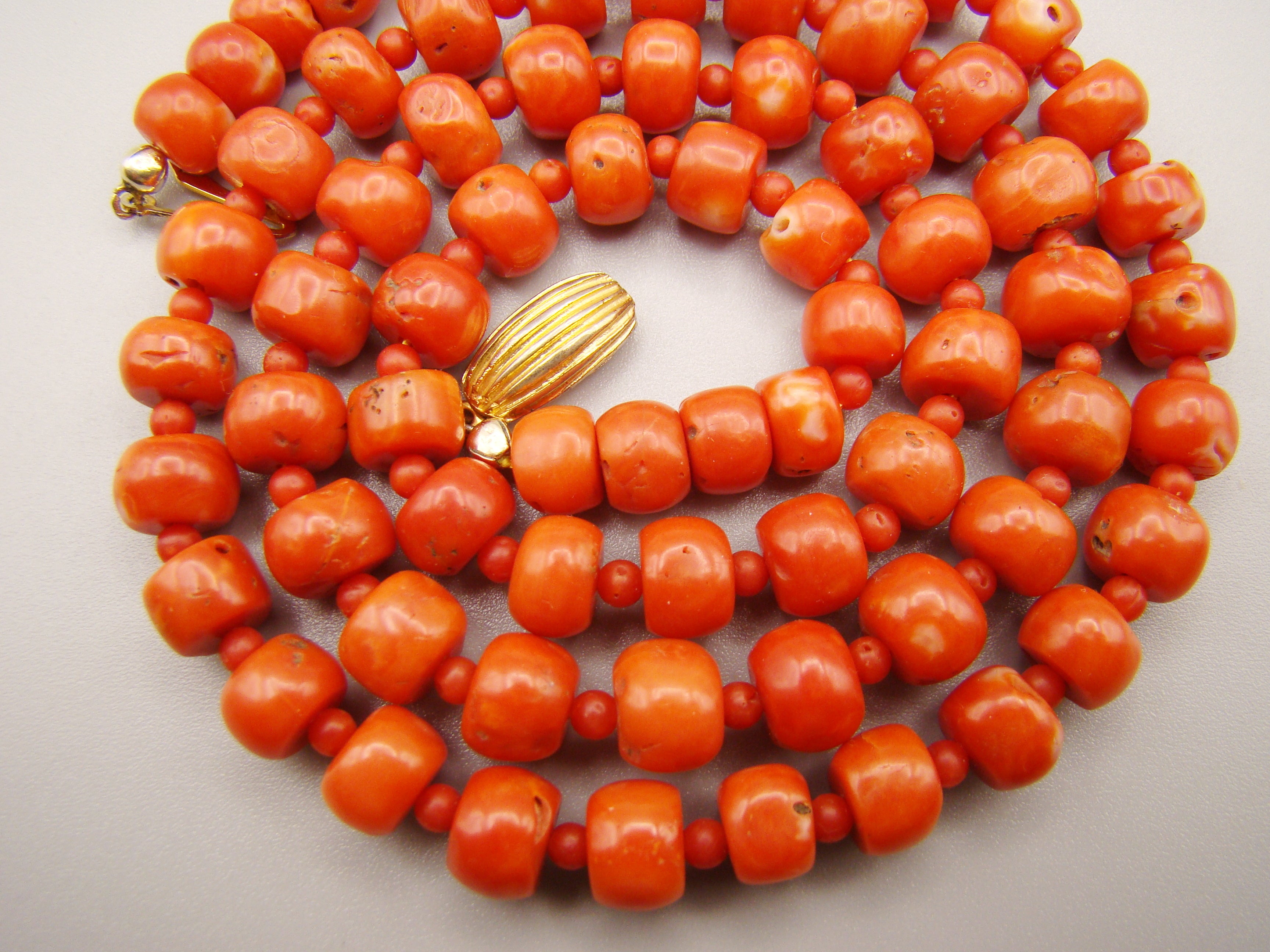 antique coral, natural coral, undyed coral, dark red coral, blood red coral, Italian coral, pacific coral, Sardinian Coral, Coral beads, Coral Rosary beads, Coral chain, Coral necklace, sea coral, aka coral, 14 Karat Gold clasp