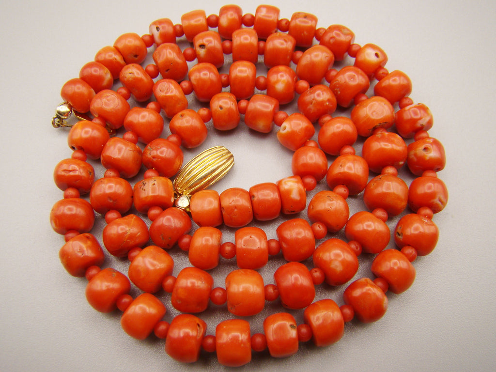 antique coral, natural coral, undyed coral, dark red coral, blood red coral, Italian coral, pacific coral, Sardinian Coral, Coral beads, Coral Rosary beads, Coral chain, Coral necklace, sea coral, aka coral, 14 Karat Gold clasp