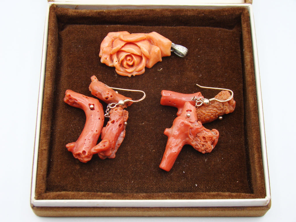 Antique Natural Mediterranean Dark red Coral Earrings + Orange Coral Pendant - Kingdom of Antique Arts