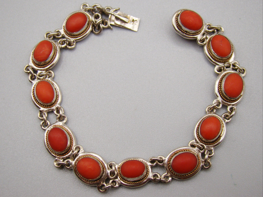 Antique Natural Undyed Red Coral Bracelet - Sterling Silver - Kingdom of Antique Arts