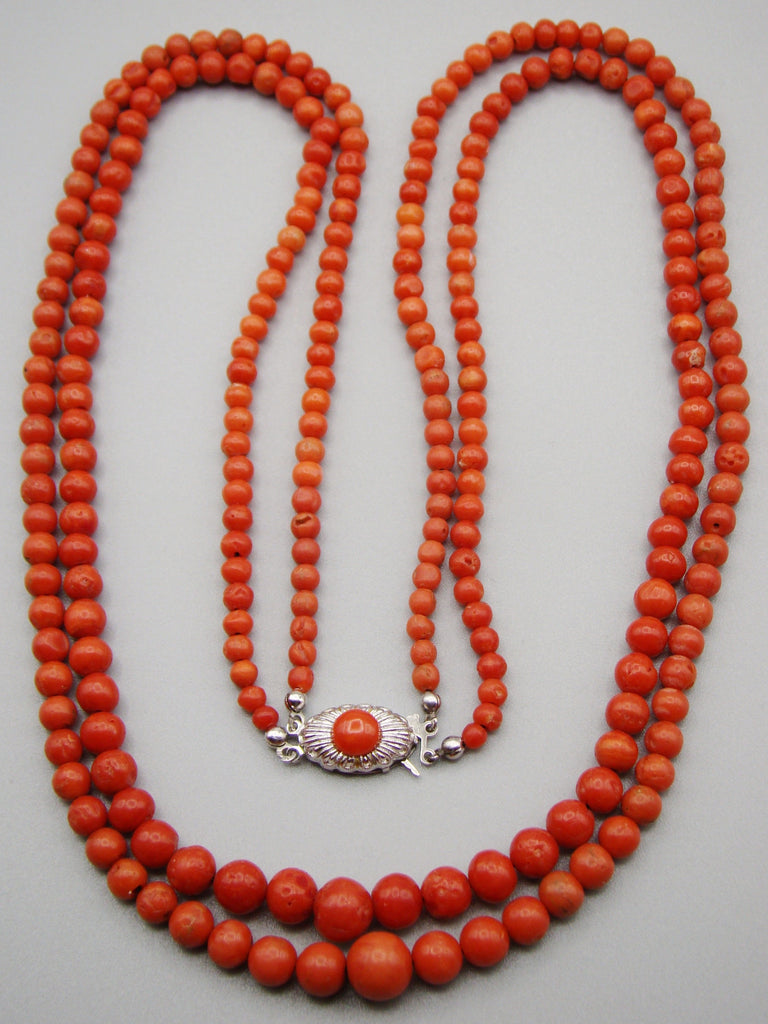 antique coral, natural coral, undyed coral, dark red coral, blood red coral, Italian coral, pacific coral, Sardinian Coral, Coral beads, Coral Rosary beads, Coral chain, Coral necklace, sea coral, aka coral, 2 strand chain, Silver 835 clasp