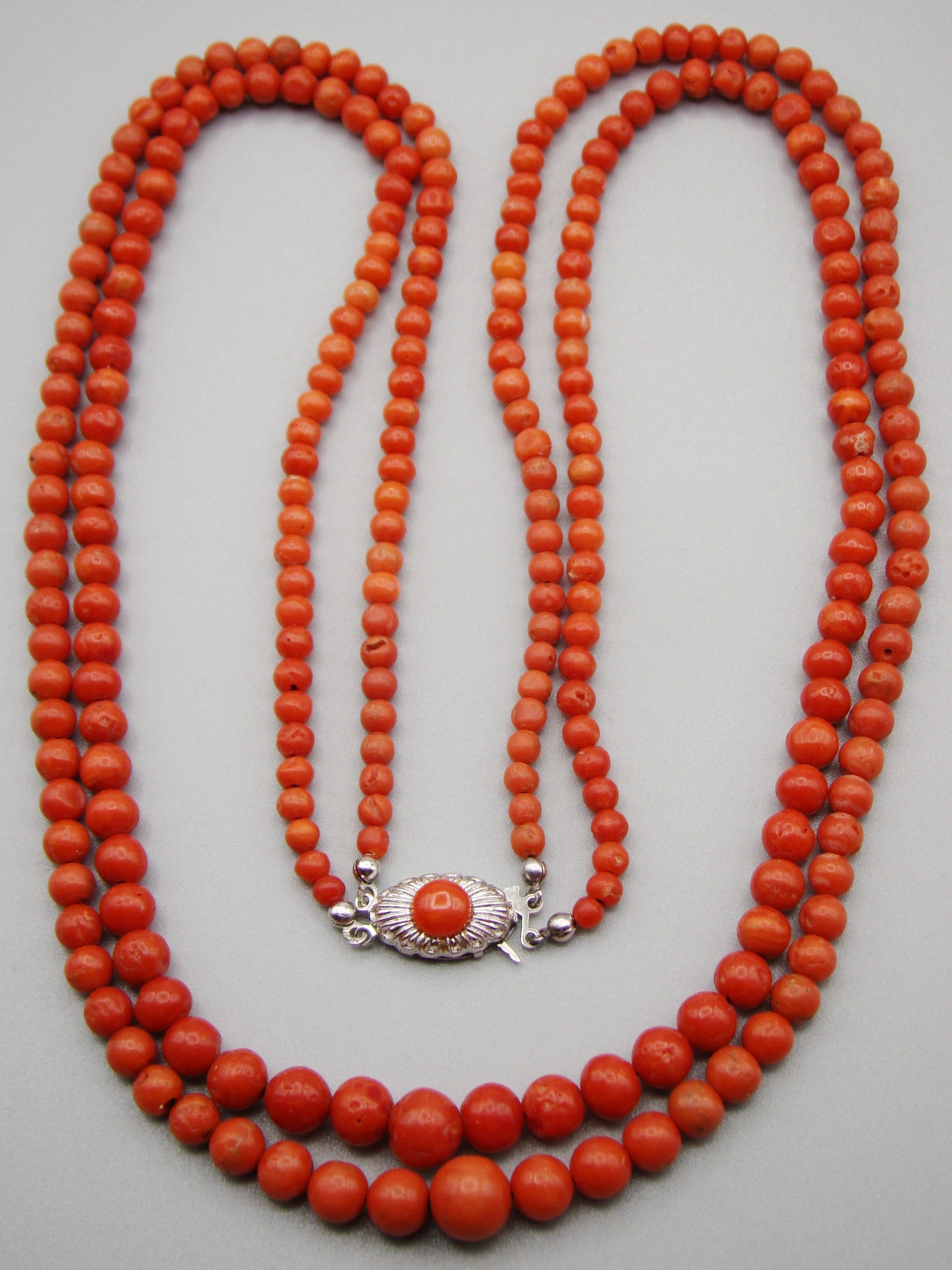 antique coral, natural coral, undyed coral, dark red coral, blood red coral, Italian coral, pacific coral, Sardinian Coral, Coral beads, Coral Rosary beads, Coral chain, Coral necklace, sea coral, aka coral, 2 strand chain, Silver 835 clasp