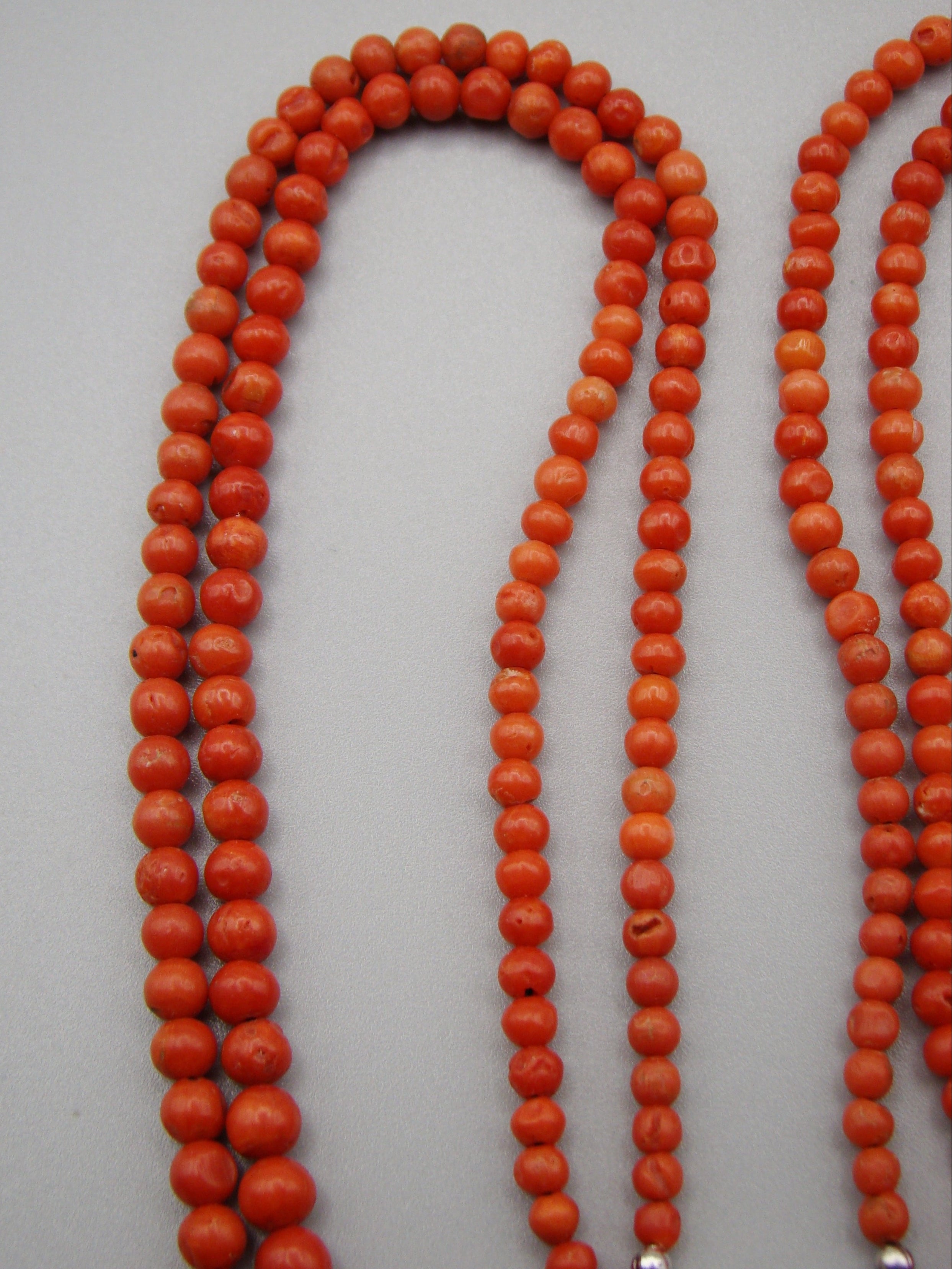 antique coral, natural coral, undyed coral, dark red coral, blood red coral, Italian coral, pacific coral, Sardinian Coral, Coral beads, Coral Rosary beads, Coral chain, Coral necklace, sea coral, aka coral, 2 strand chain, Silver 835 clasp