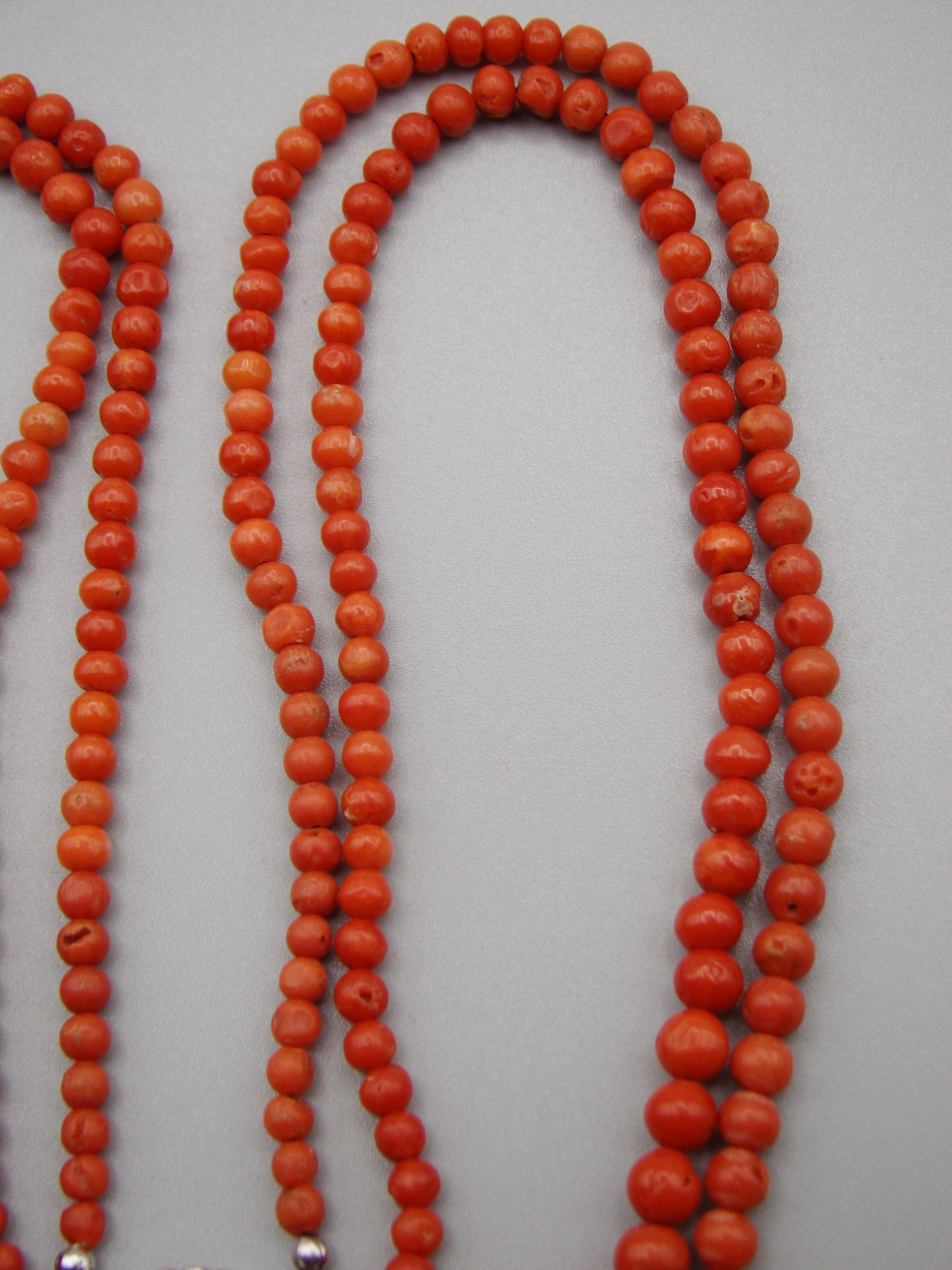 antique coral, natural coral, undyed coral, dark red coral, blood red coral, Italian coral, pacific coral, Sardinian Coral, Coral beads, Coral Rosary beads, Coral chain, Coral necklace, sea coral, aka coral, 2 strand chain, Silver 835 clasp