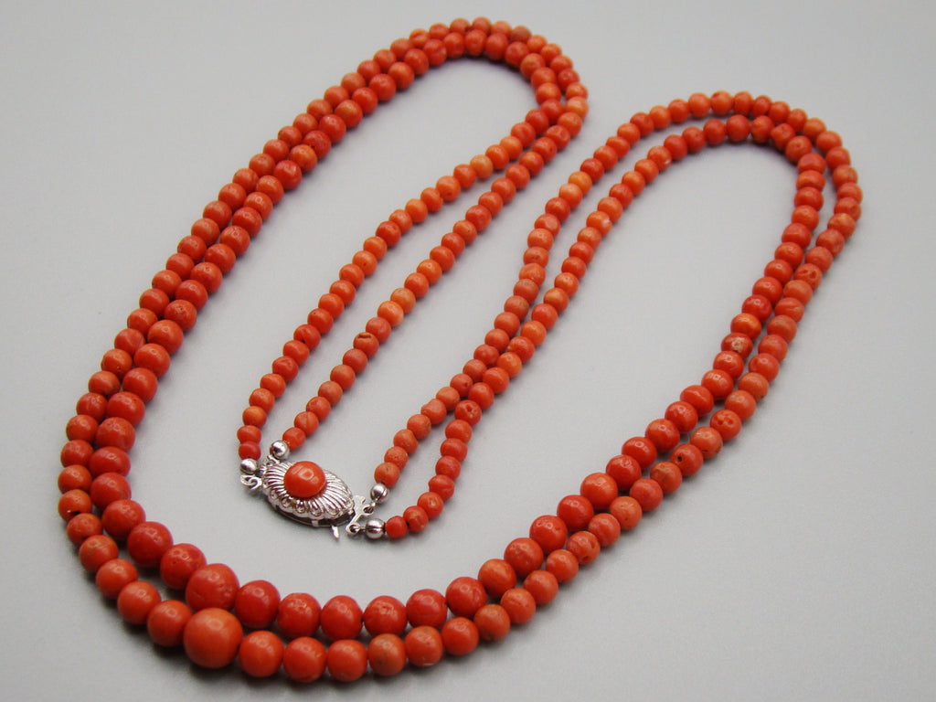 antique coral, natural coral, undyed coral, dark red coral, blood red coral, Italian coral, pacific coral, Sardinian Coral, Coral beads, Coral Rosary beads, Coral chain, Coral necklace, sea coral, aka coral, 2 strand chain, Silver 835 clasp