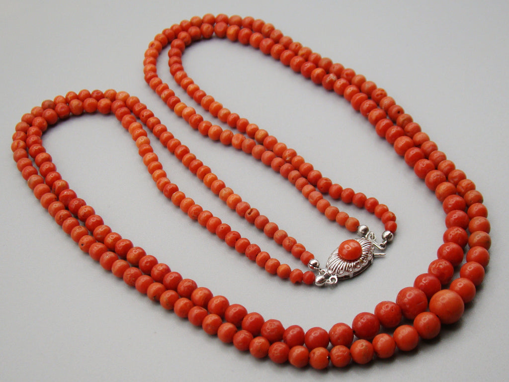 antique coral, natural coral, undyed coral, dark red coral, blood red coral, Italian coral, pacific coral, Sardinian Coral, Coral beads, Coral Rosary beads, Coral chain, Coral necklace, sea coral, aka coral, 2 strand chain, Silver 835 clasp