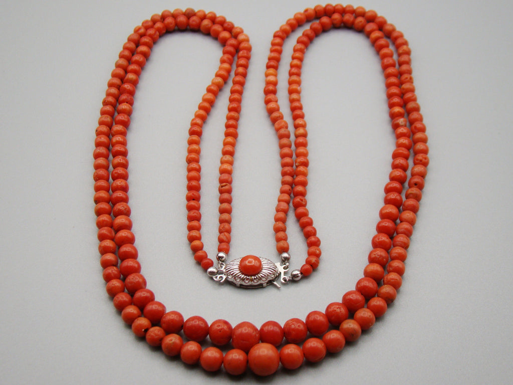 antique coral, natural coral, undyed coral, dark red coral, blood red coral, Italian coral, pacific coral, Sardinian Coral, Coral beads, Coral Rosary beads, Coral chain, Coral necklace, sea coral, aka coral, 2 strand chain, Silver 835 clasp