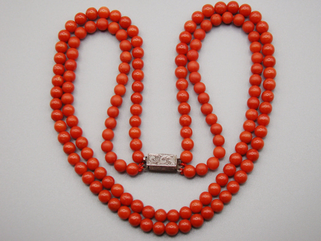 antique coral, natural coral, undyed coral, dark red coral, blood red coral, Italian coral, pacific coral, Sardinian Coral, Coral beads, Coral Rosary beads, Coral chain, Coral necklace, sea coral, aka coral, 2 strand chain, Sterling Silver clasp