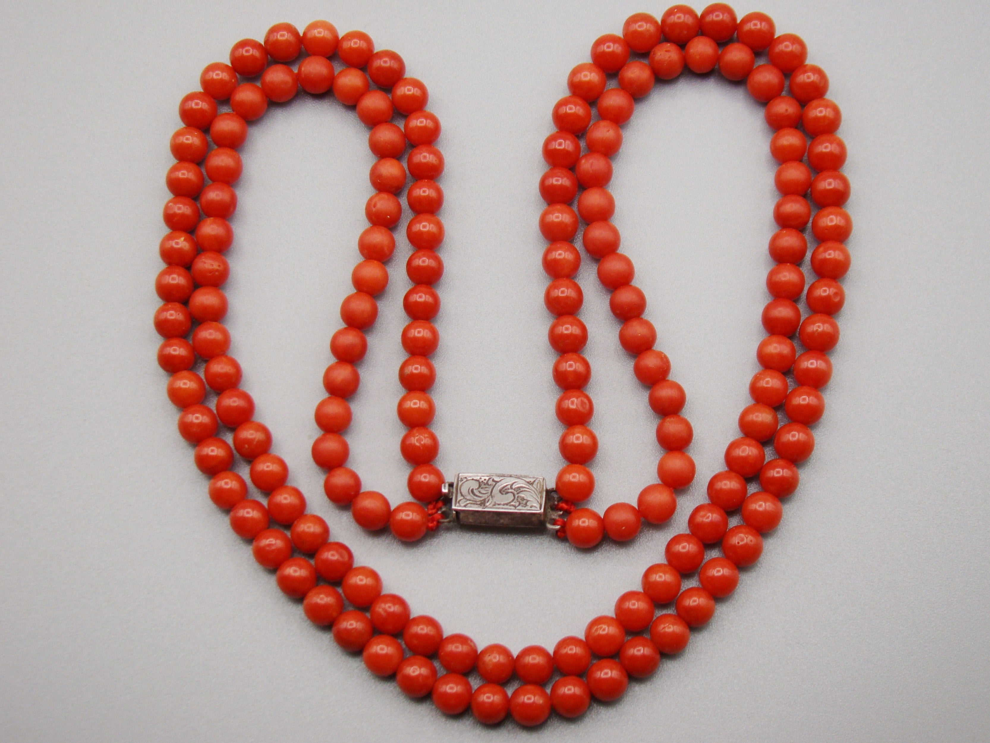 antique coral, natural coral, undyed coral, dark red coral, blood red coral, Italian coral, pacific coral, Sardinian Coral, Coral beads, Coral Rosary beads, Coral chain, Coral necklace, sea coral, aka coral, 2 strand chain, Sterling Silver clasp