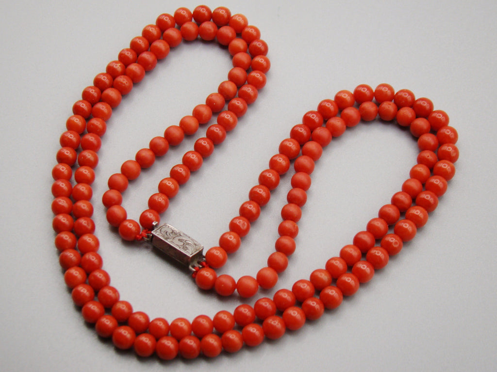 antique coral, natural coral, undyed coral, dark red coral, blood red coral, Italian coral, pacific coral, Sardinian Coral, Coral beads, Coral Rosary beads, Coral chain, Coral necklace, sea coral, aka coral, 2 strand chain, Sterling Silver clasp