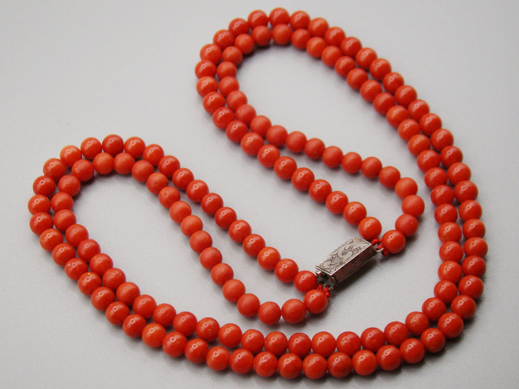 antique coral, natural coral, undyed coral, dark red coral, blood red coral, Italian coral, pacific coral, Sardinian Coral, Coral beads, Coral Rosary beads, Coral chain, Coral necklace, sea coral, aka coral, 2 strand chain, Sterling Silver clasp