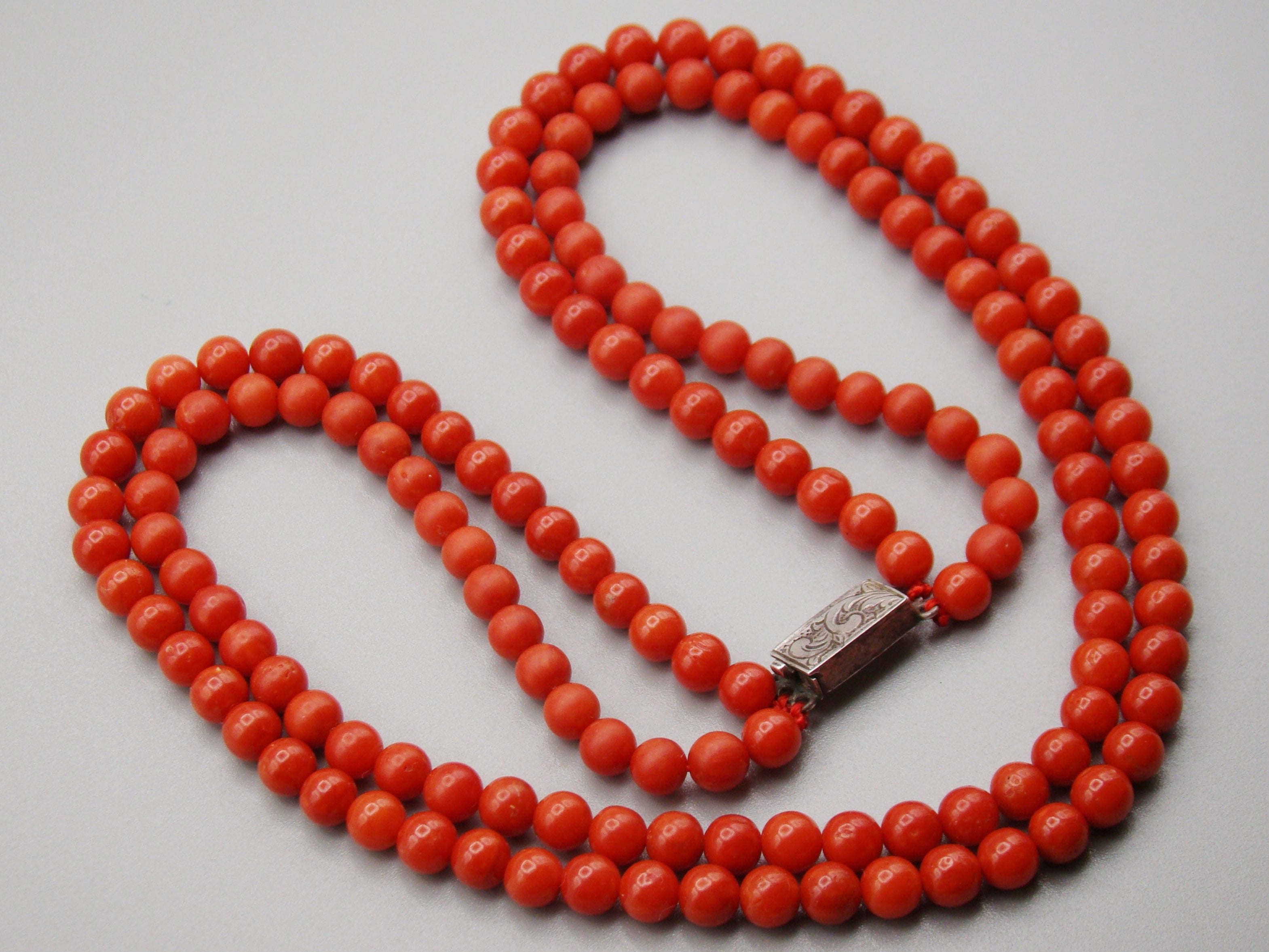 antique coral, natural coral, undyed coral, dark red coral, blood red coral, Italian coral, pacific coral, Sardinian Coral, Coral beads, Coral Rosary beads, Coral chain, Coral necklace, sea coral, aka coral, 2 strand chain, Sterling Silver clasp