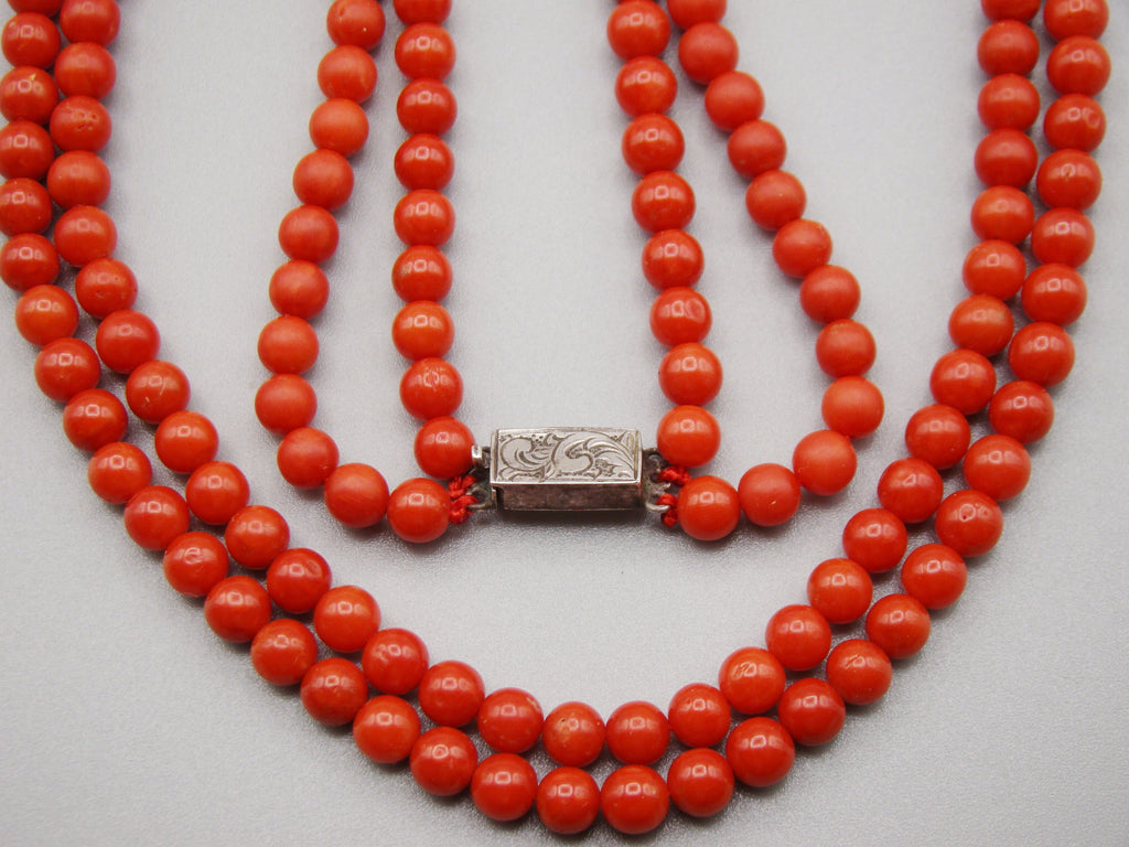 antique coral, natural coral, undyed coral, dark red coral, blood red coral, Italian coral, pacific coral, Sardinian Coral, Coral beads, Coral Rosary beads, Coral chain, Coral necklace, sea coral, aka coral, 2 strand chain, Sterling Silver clasp