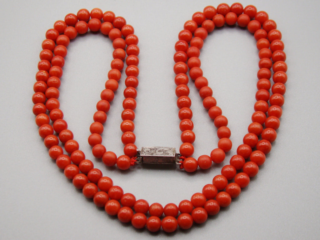 antique coral, natural coral, undyed coral, dark red coral, blood red coral, Italian coral, pacific coral, Sardinian Coral, Coral beads, Coral Rosary beads, Coral chain, Coral necklace, sea coral, aka coral, 2 strand chain, Sterling Silver clasp