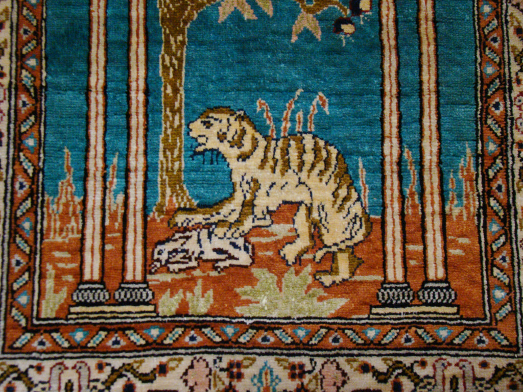 Antique Turkish Hereke Silk Wall Carpet – Tiger Motif, Authentic Original, Guaranteed by Kingdom of Antique Arts