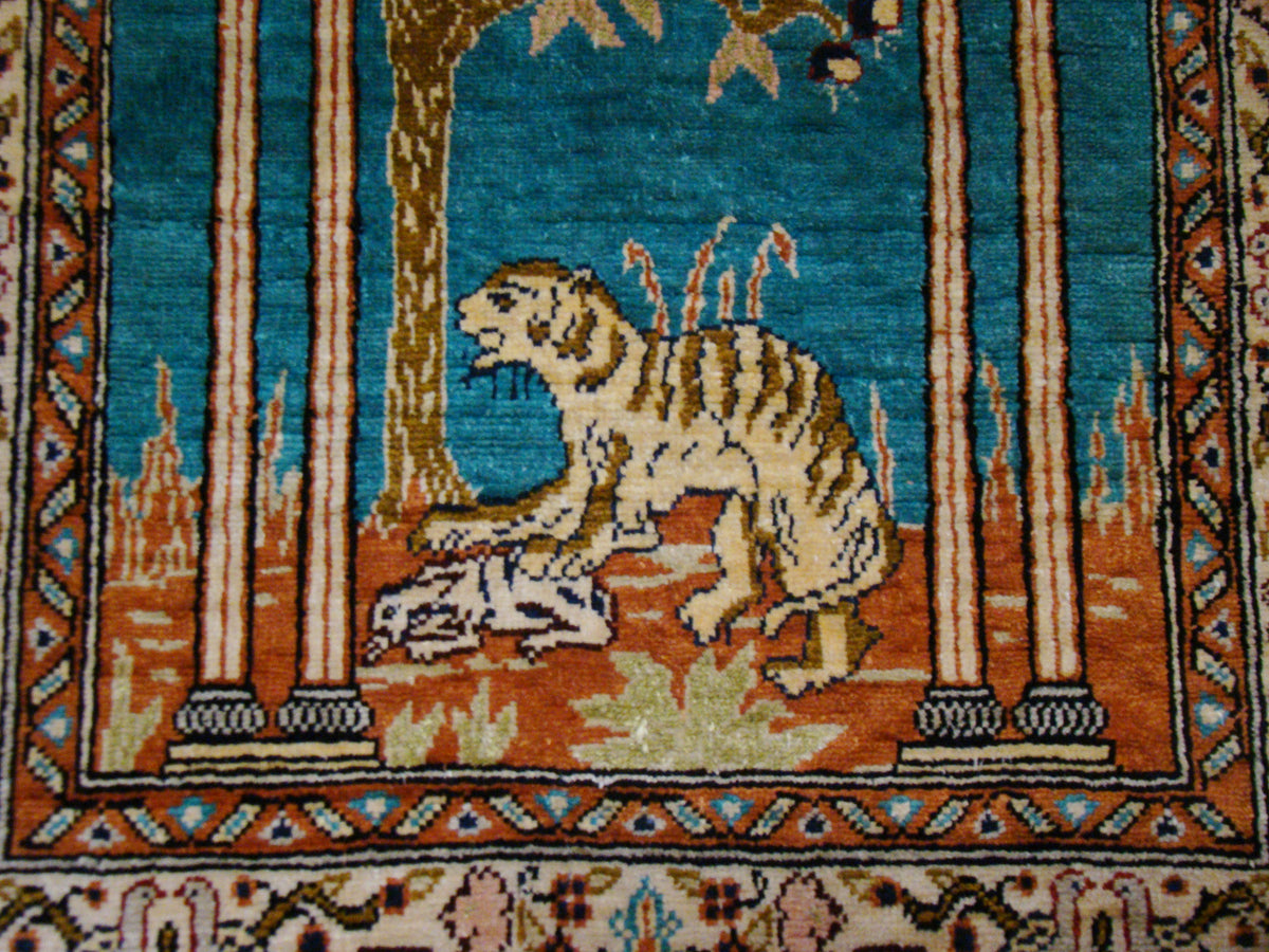 Antique Turkish Hereke Silk Wall Carpet – Tiger Motif, Authentic Original, Guaranteed by Kingdom of Antique Arts