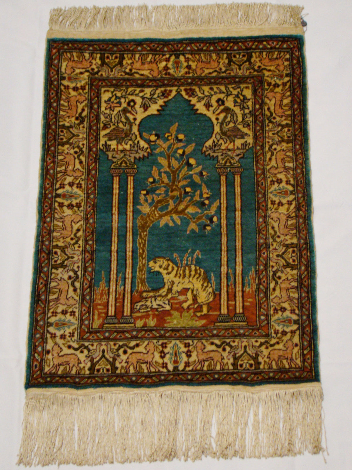 Antique Turkish Hereke Silk Wall Carpet – Tiger Motif, Pure Silk on Silk, Multicolor, Hand-Knotted | Kingdom of Antique Arts
