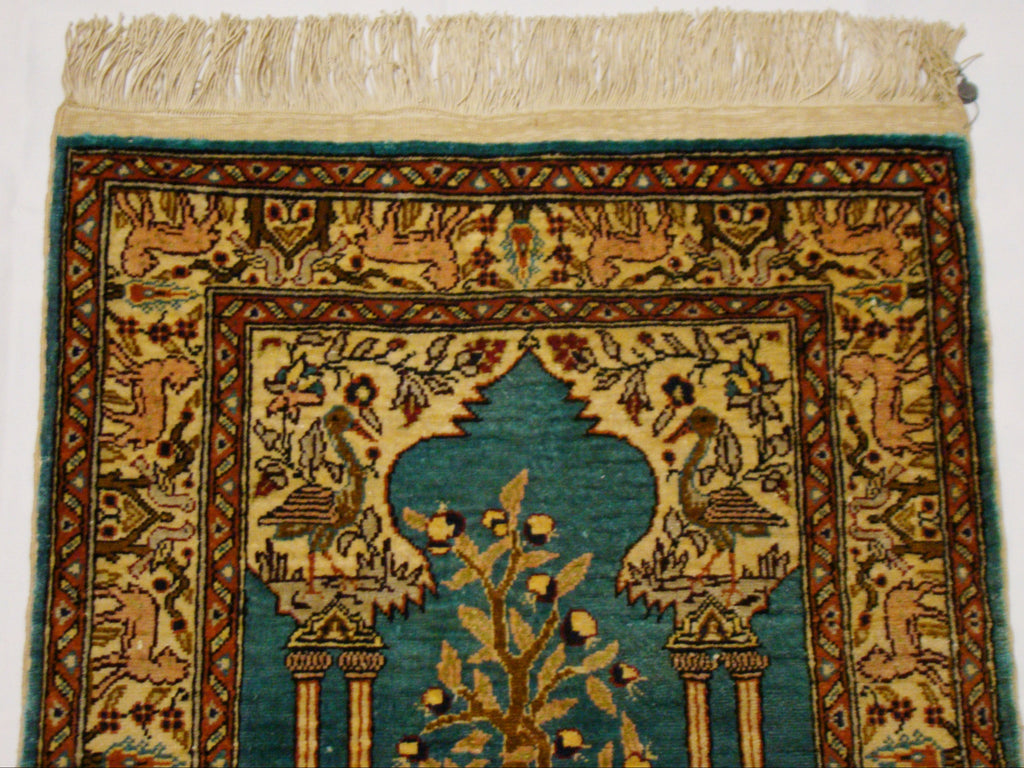 Antique Turkish Hereke Silk Carpet – Rare Tiger Guarding the Tower Motif, Multicolor | Kingdom of Antique Arts