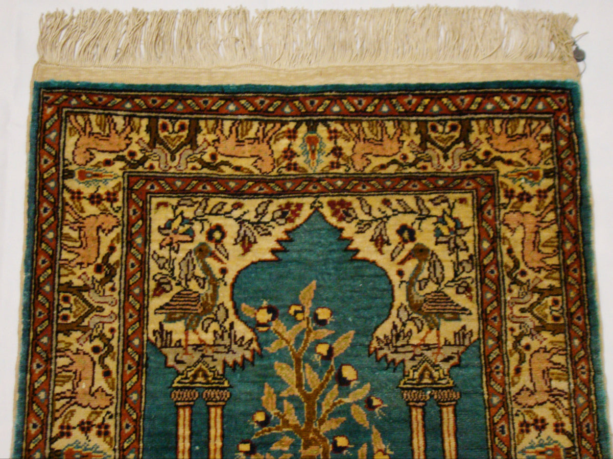 Antique Turkish Hereke Silk Carpet – Rare Tiger Guarding the Tower Motif, Multicolor | Kingdom of Antique Arts