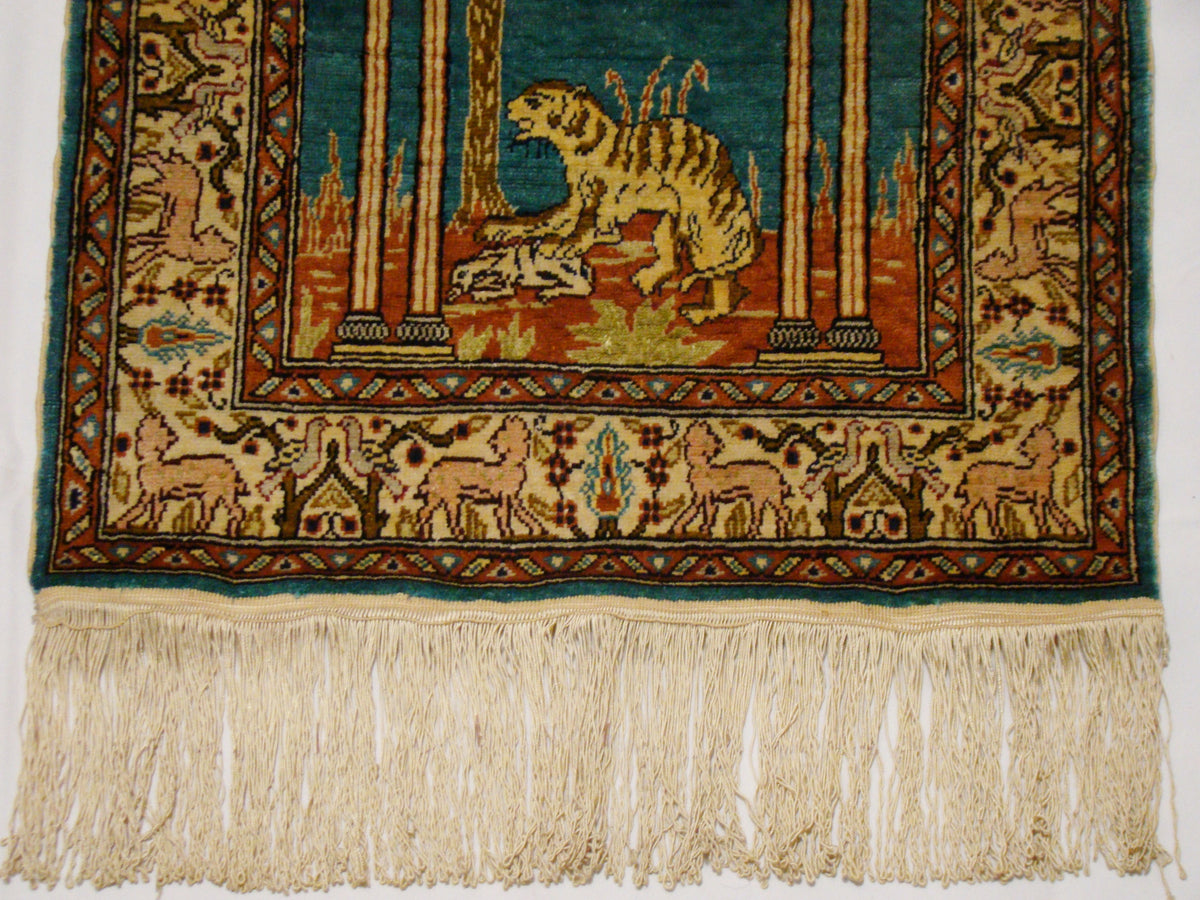 Detail Shot – Antique Hereke Silk Carpet, Tiger Motif, Fine Hand-Knotted Weave | Kingdom of Antique Arts