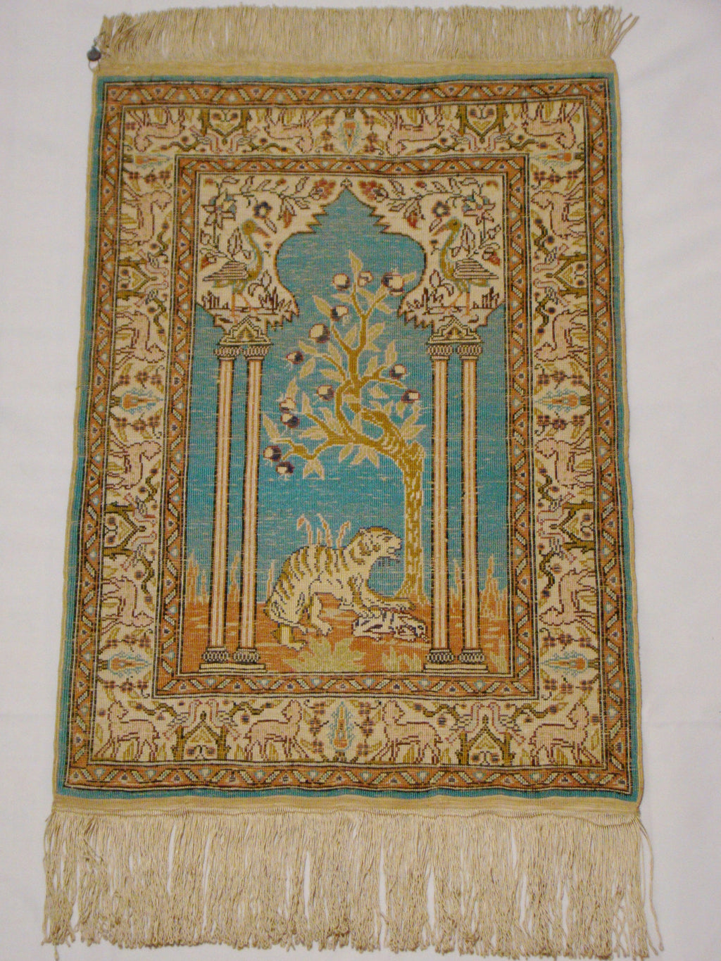 Tassels Detail – Antique Turkish Hereke Silk Wall Carpet, No Damage, Excellent Condition | Kingdom of Antique Arts

