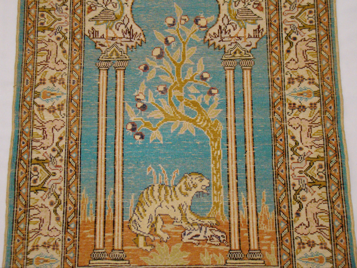 Antique Turkish Hereke Silk Wall Carpet – Tiger Guarding the Tower, 75×45 cm with Tassels | Kingdom of Antique Arts