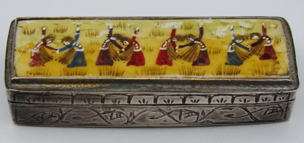 Miniature 800 silver box with dancing figures on an enamel-on-bone lid and engraved scrolling sides