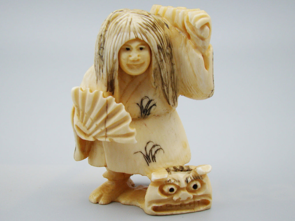 Antique Natural Elephant Ivory Figur - Handcarved - Netsuke Signed - Japan - Kingdom of Antique Arts