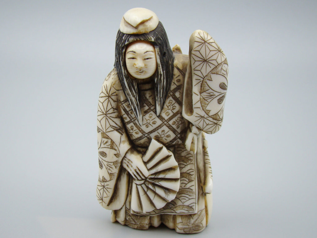 Antique Natural Elephant Ivory Figur - Handcarved - Netsuke Signed - Japan - Kingdom of Antique Arts