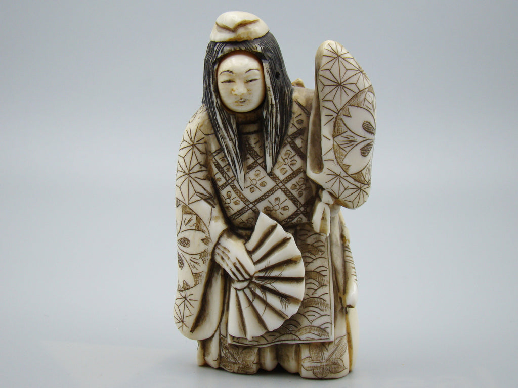 Antique Natural Elephant Ivory Figur - Handcarved - Netsuke Signed - Japan - Kingdom of Antique Arts