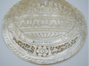 Detail of Jerusalem inscription, carved table and floral openwork on mother-of-pearl shell