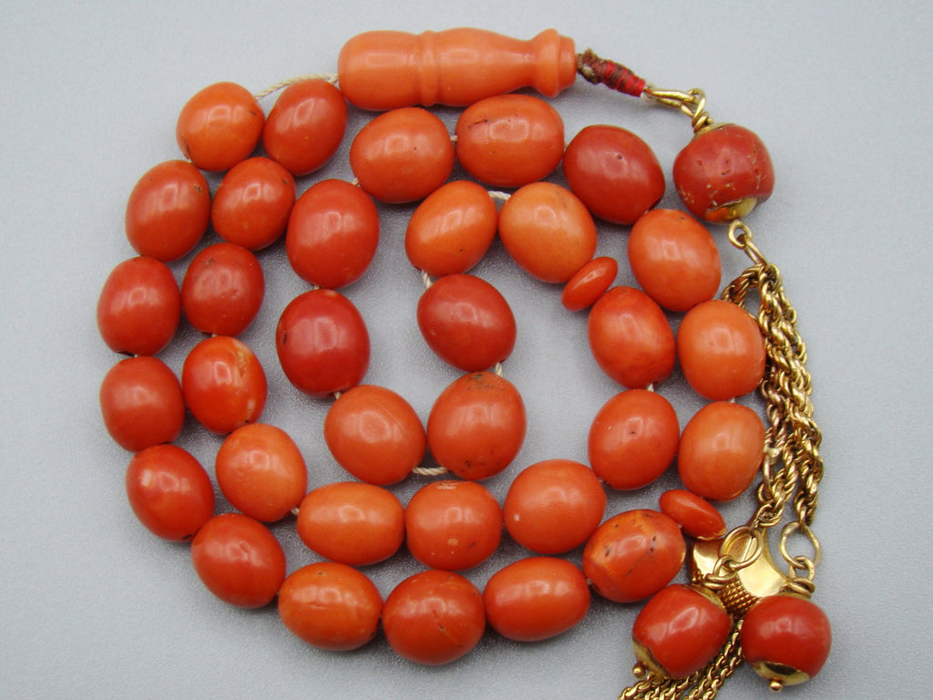 Antique Natural Undyed Mediterranean Dark Orange Coral Rosary - Kingdom of Antique Arts