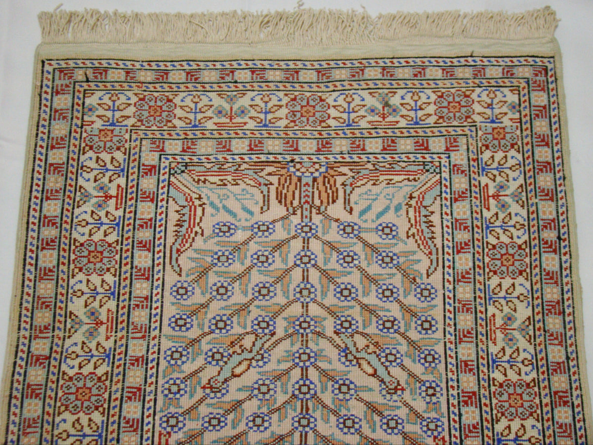 Antique Oriental Silk Wall Carpet – Full View, 75×40 cm with Tassels | Kingdom of Antique Arts