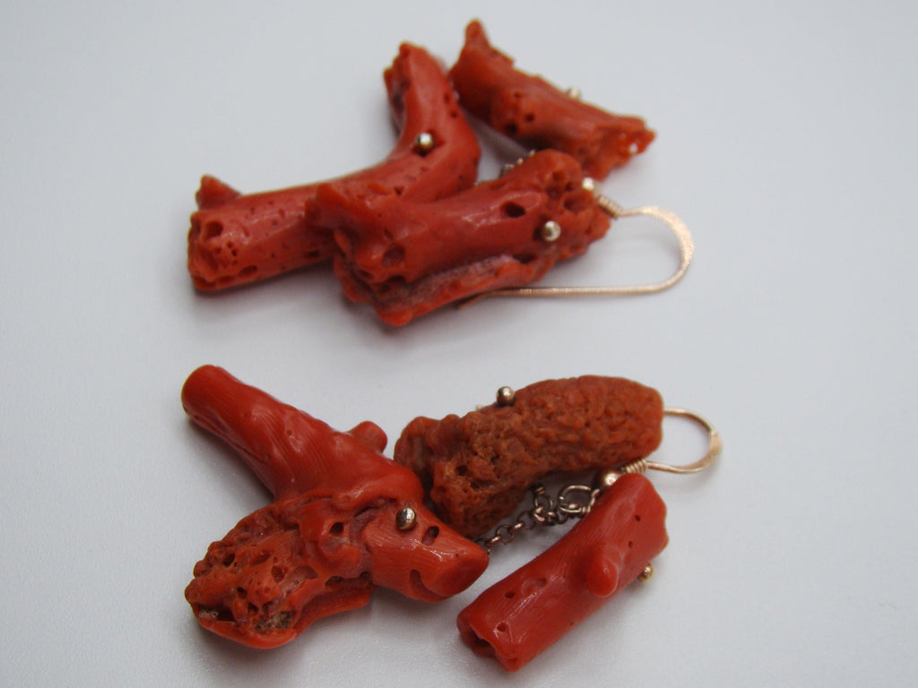 Antique Natural Mediterranean Dark red Coral Earrings + Orange Coral Pendant - Kingdom of Antique Arts