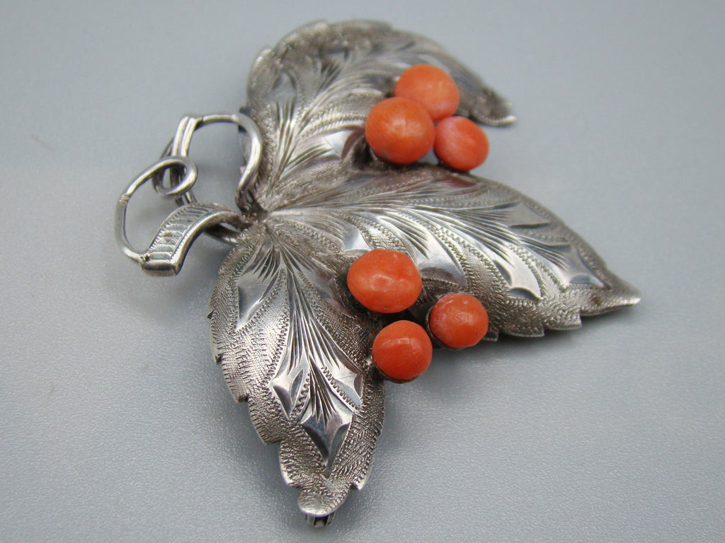 Antique Natural Undyed Mediterranean Silver 900 Red Coral Brooch - Kingdom of Antique Arts