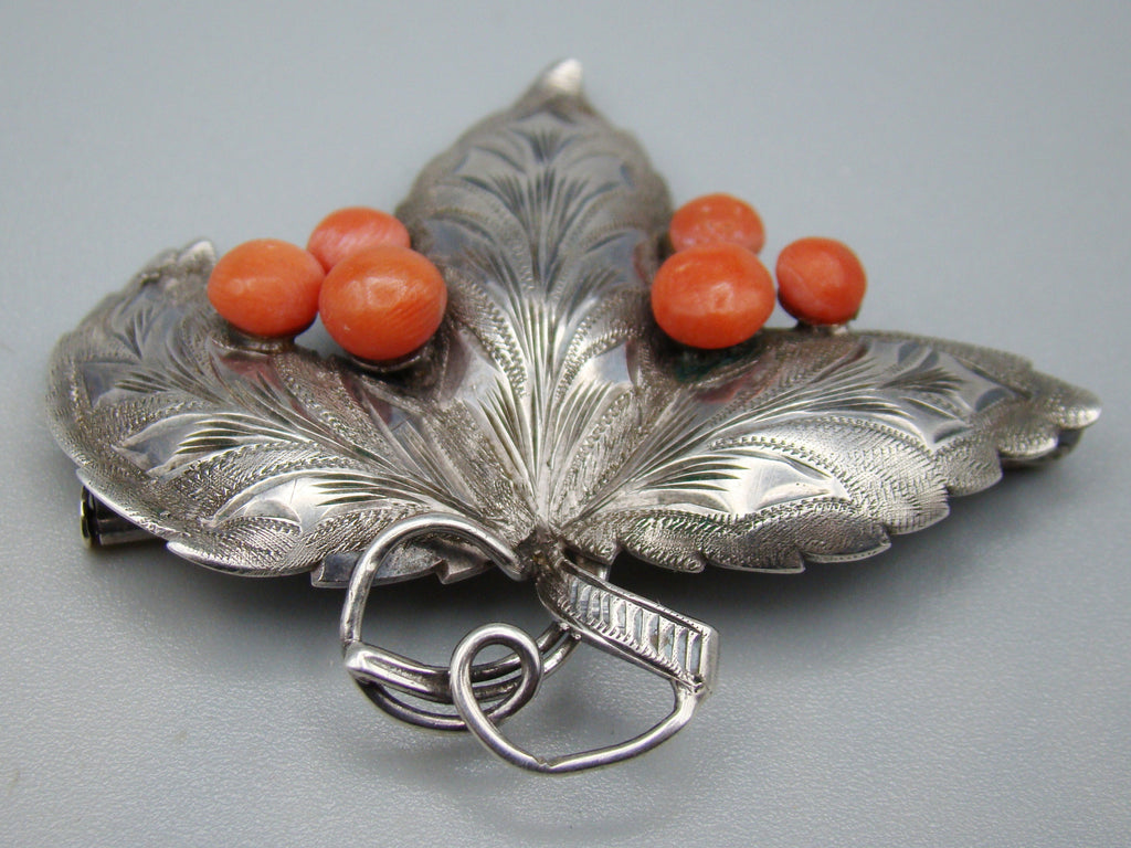 Antique Natural Undyed Mediterranean Silver 900 Red Coral Brooch - Kingdom of Antique Arts