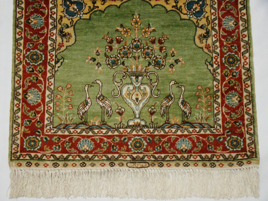 Close-up Detail – Antique Hereke Persian Ozipek Silk Wall Carpet, Hand-Signed, Pure Silk on Silk | Kingdom of Antique Arts
