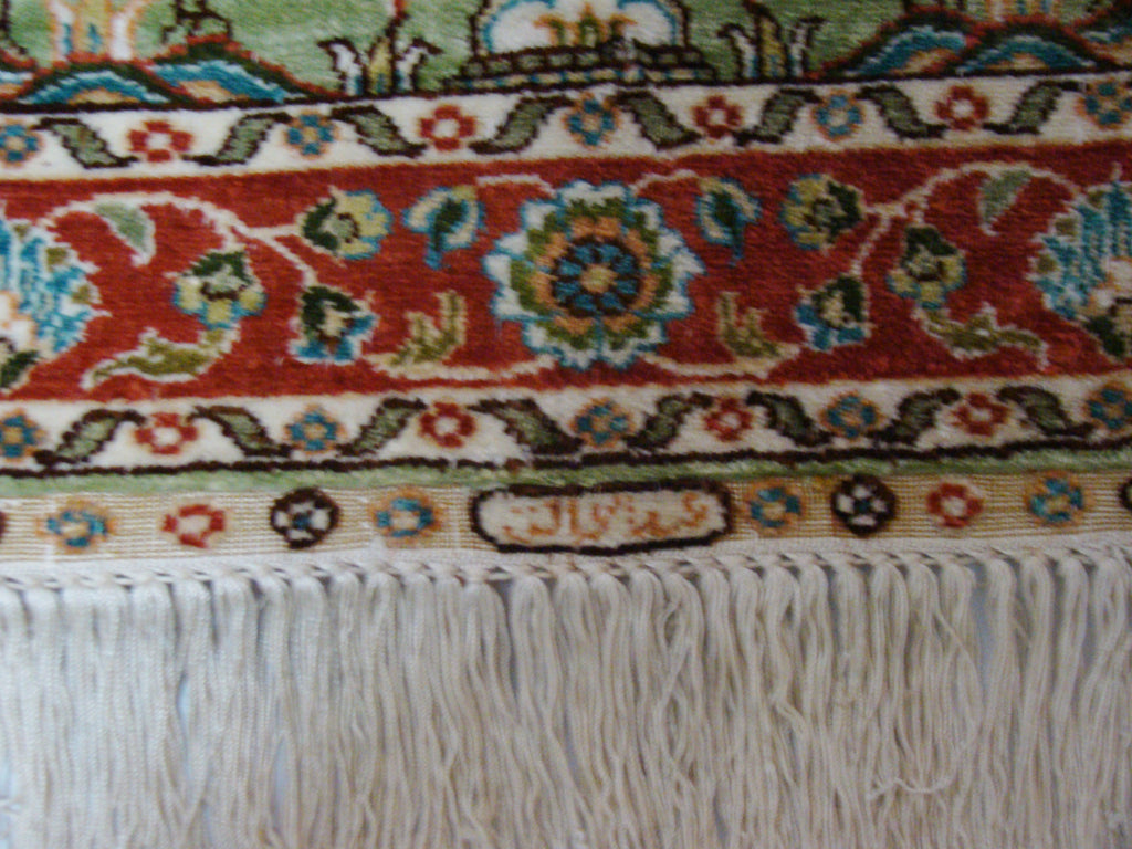 Detail Shot – Antique Hereke Ozipek Silk Carpet, Fine Hand-Knotted Weave, Master Weaver Signature | Kingdom of Antique Arts