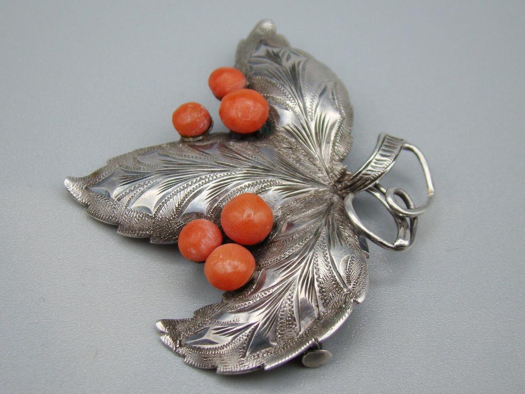 Antique Natural Undyed Mediterranean Silver 900 Red Coral Brooch - Kingdom of Antique Arts