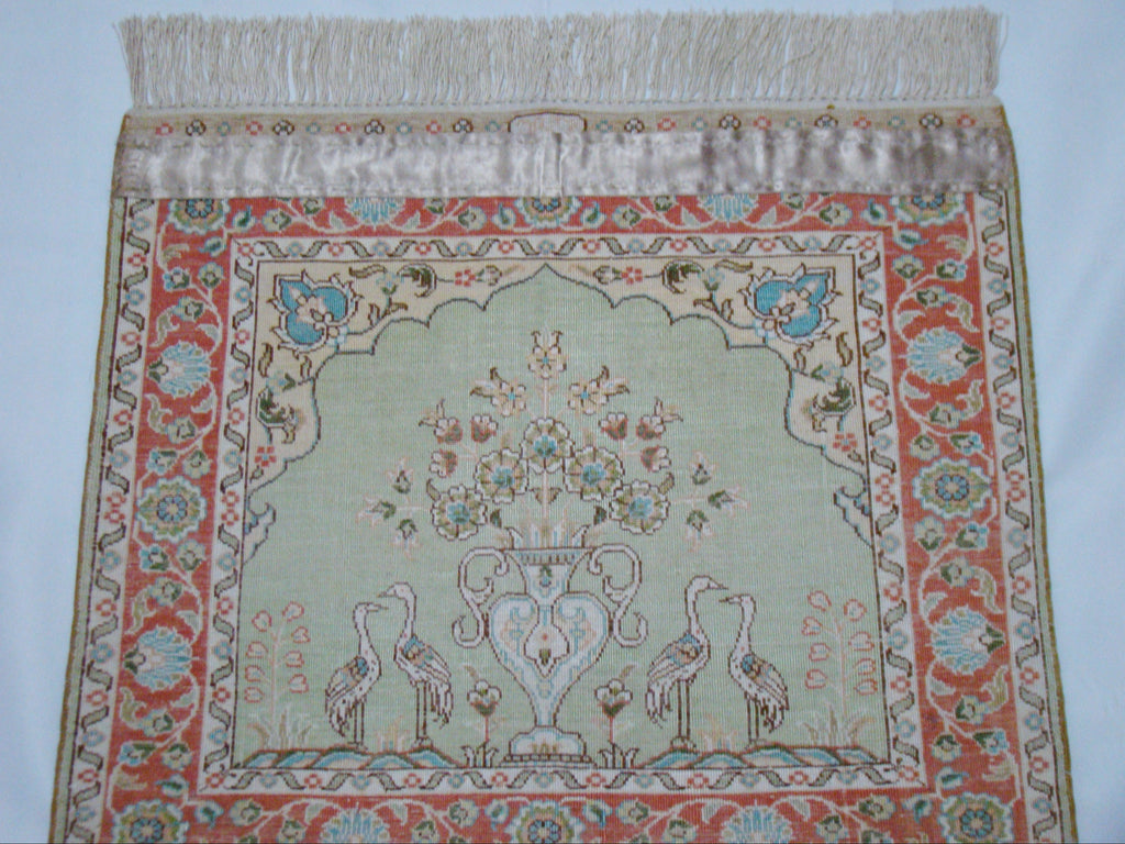 Antique Hereke Persian Ozipek Silk Wall Carpet – Full View, 56×47 cm with Tassels | Kingdom of Antique Arts
