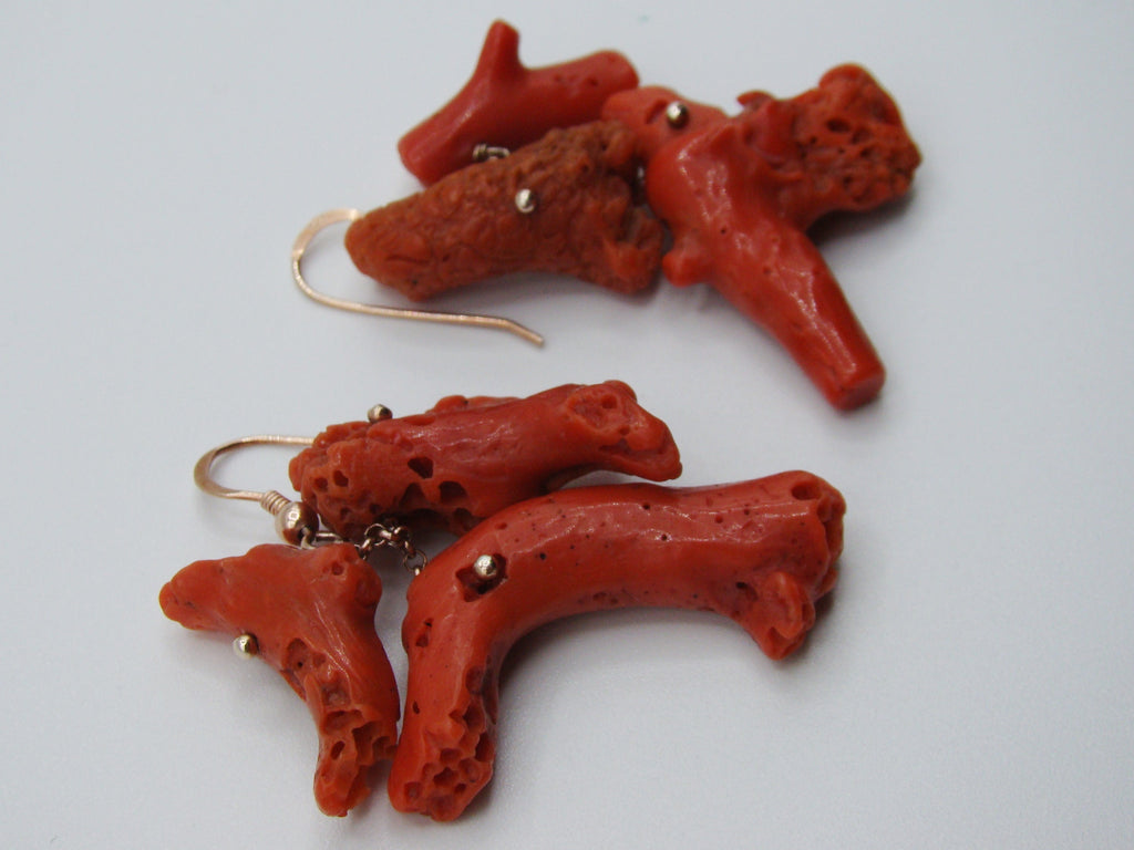 Antique Natural Mediterranean Dark red Coral Earrings + Orange Coral Pendant - Kingdom of Antique Arts