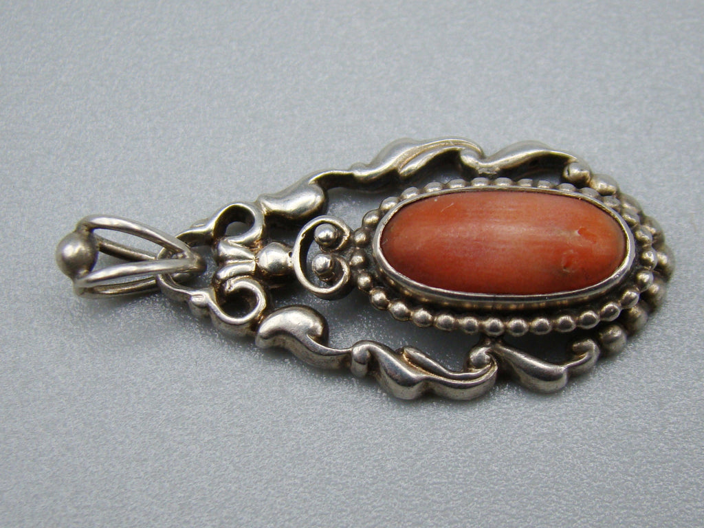 Antique Natural Undyed Mediterranean Silver 900 Red Coral Pendant - Kingdom of Antique Arts