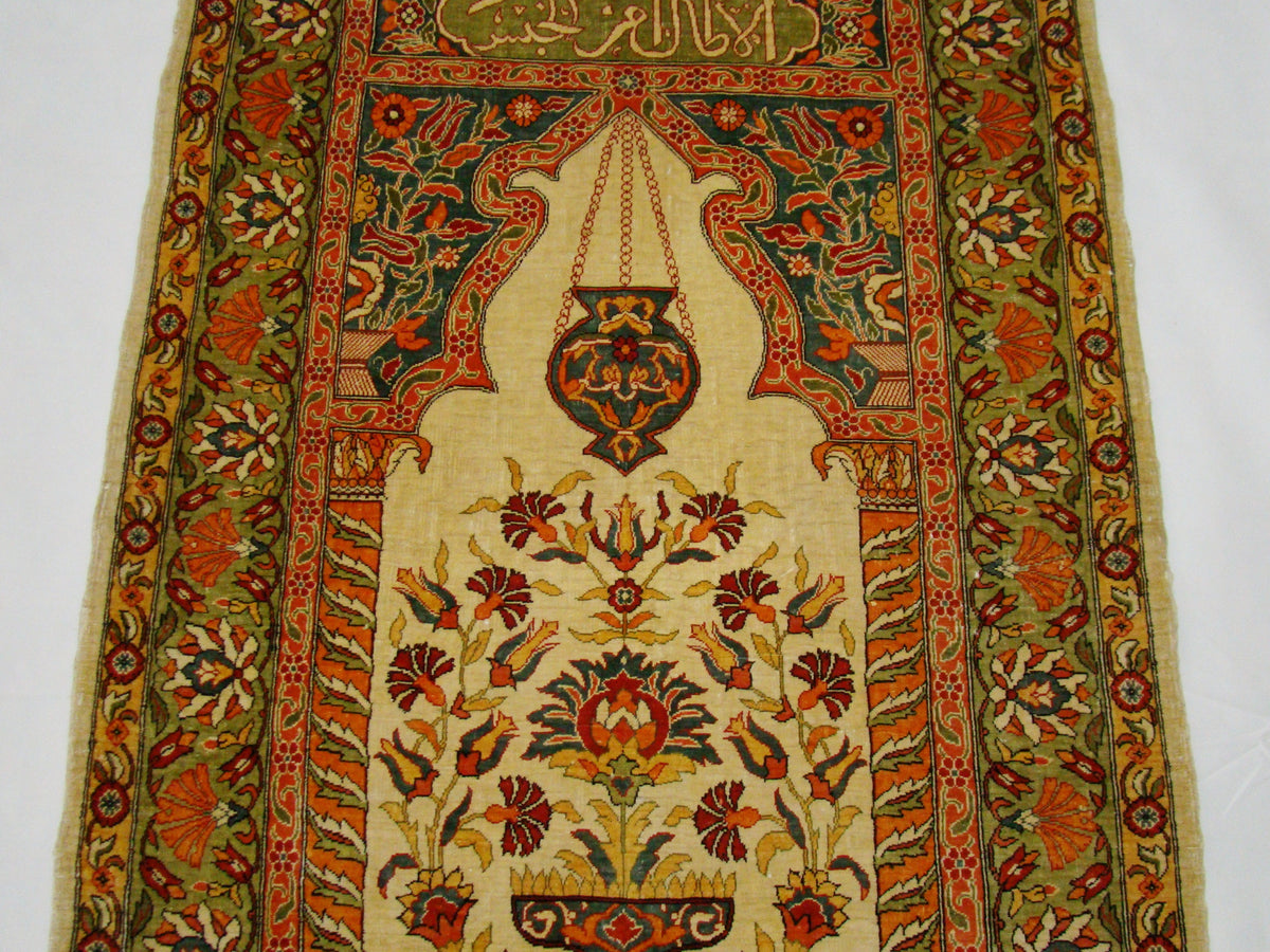 Close-up Detail – Antique Turkish Hereke Silk Wall Carpet, Multi-Signed, Pure Silk on Silk | Kingdom of Antique Arts